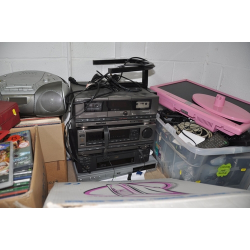 1170 - NINE BOXES AND LOOSE ELECTRONIC EQUIPMENT, RECORDS, CDS AND DVDS ETC, to include a Sony twin tape de... 