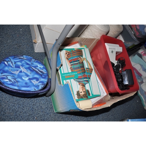 1186 - THREE BOXES AND LOOSE KNITTING MACHINE, YARN AND HABERDASHERY ITEMS, to include a Brother KH-830 kni... 