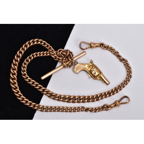 1 - A 9CT GOLD ALBERT CHAIN WITH CHARM, graduated curb link chain each link is stamped 9.375, fitted wit... 