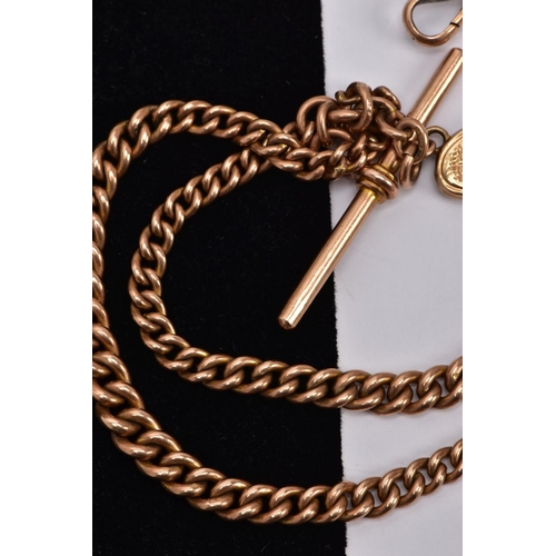 1 - A 9CT GOLD ALBERT CHAIN WITH CHARM, graduated curb link chain each link is stamped 9.375, fitted wit... 