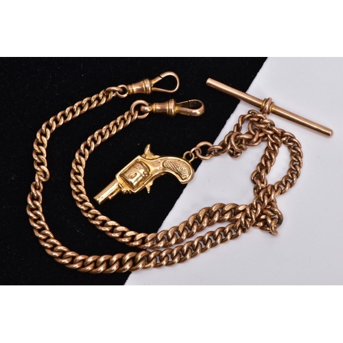 1 - A 9CT GOLD ALBERT CHAIN WITH CHARM, graduated curb link chain each link is stamped 9.375, fitted wit... 