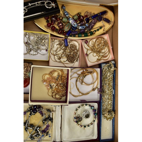 101 - TWO BOXES OF ASSORTED COSTUME JEWELLERY, to include pieces such as yellow and white metal costume ch... 