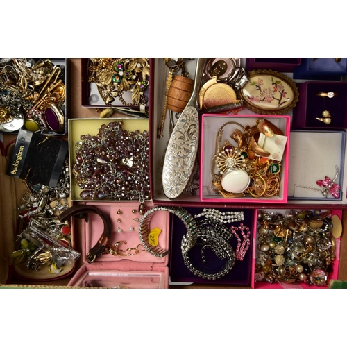 101 - TWO BOXES OF ASSORTED COSTUME JEWELLERY, to include pieces such as yellow and white metal costume ch... 