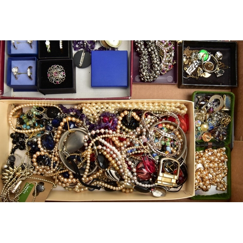 101 - TWO BOXES OF ASSORTED COSTUME JEWELLERY, to include pieces such as yellow and white metal costume ch... 