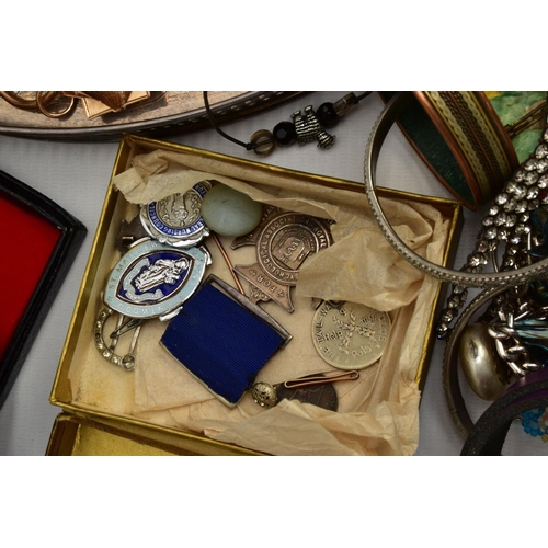 105 - A BOX OF ASSORTED ITEMS,  to include two silver nursing medallions, hallmarked 'W M Dowler & Sons' B... 