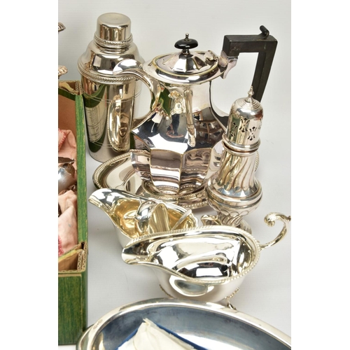 107 - A BOX OF ASSORTED WHITE METAL TABLEWARE, to include a three branch candlestick, a wick cutter, a tea... 