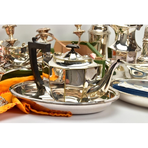 107 - A BOX OF ASSORTED WHITE METAL TABLEWARE, to include a three branch candlestick, a wick cutter, a tea... 