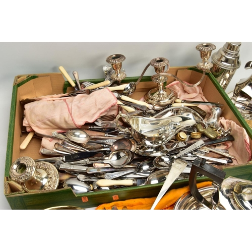 107 - A BOX OF ASSORTED WHITE METAL TABLEWARE, to include a three branch candlestick, a wick cutter, a tea... 