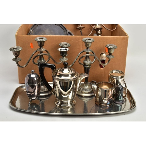 111 - A BOX OF ASSORTED WHITE METAL WARE, to include a large oval tray, a three branch silver plated coppe... 