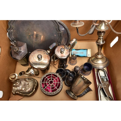 111 - A BOX OF ASSORTED WHITE METAL WARE, to include a large oval tray, a three branch silver plated coppe... 