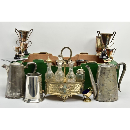 112 - A BOX OF ASSORTED WHITE METAL WARE, to include a white metal teapot and matching coffee pot, a white... 