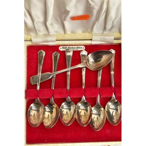 114 - A BOX OF SILVER TEASPOONS AND ASSORTED TABLEWARE, a silver fiddle pattern teaspoon engraved with the... 