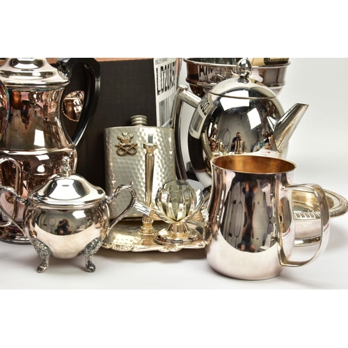 115 - A BOX OF ASSORTED WHITE METAL ITEMS, to include a four piece 'Garrard & Co' tea set, a 'Mappin & Web... 