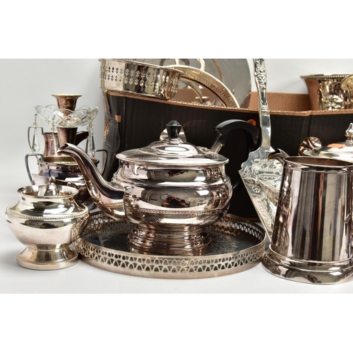 115 - A BOX OF ASSORTED WHITE METAL ITEMS, to include a four piece 'Garrard & Co' tea set, a 'Mappin & Web... 