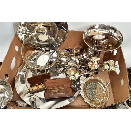 115 - A BOX OF ASSORTED WHITE METAL ITEMS, to include a four piece 'Garrard & Co' tea set, a 'Mappin & Web... 