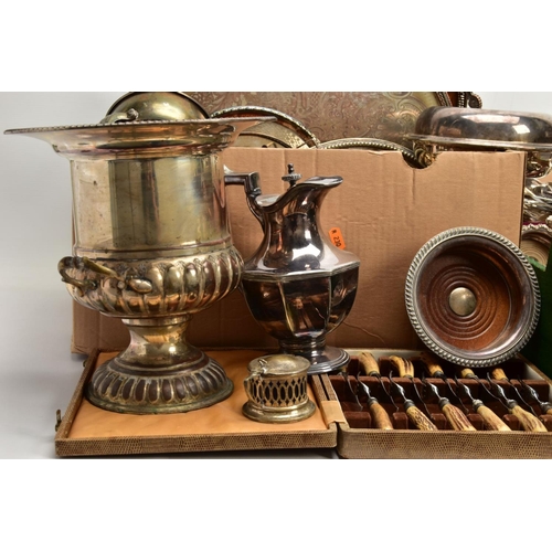 116 - TWO BOXES OF ASSORTED WHITE METAL, to include a six piece antler handle cutlery set, signed  'W.R.Hu... 