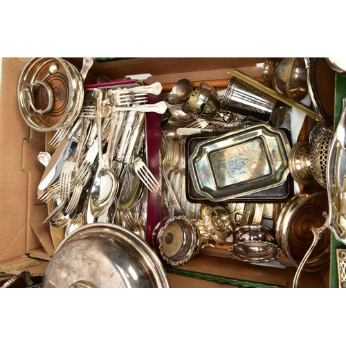 116 - TWO BOXES OF ASSORTED WHITE METAL, to include a six piece antler handle cutlery set, signed  'W.R.Hu... 