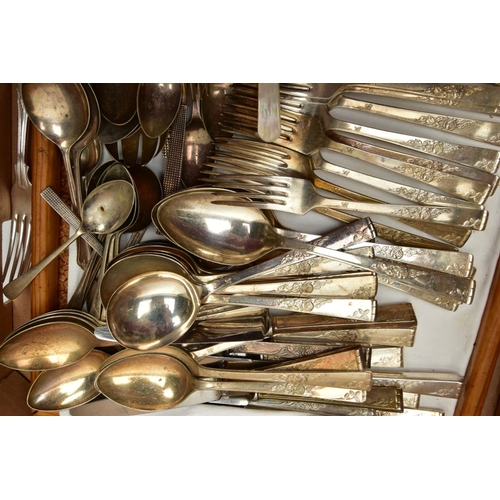 116 - TWO BOXES OF ASSORTED WHITE METAL, to include a six piece antler handle cutlery set, signed  'W.R.Hu... 