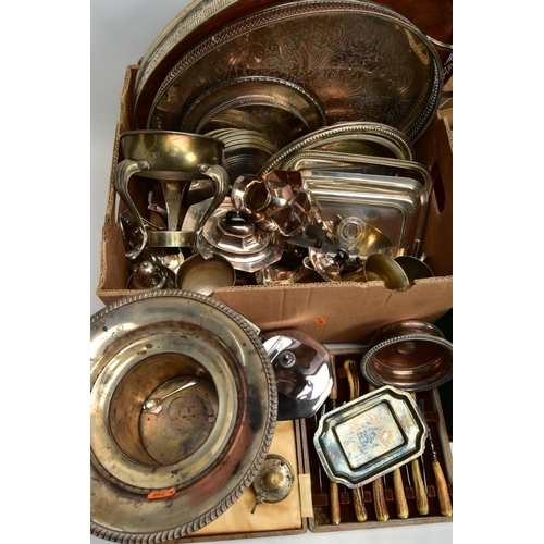 116 - TWO BOXES OF ASSORTED WHITE METAL, to include a six piece antler handle cutlery set, signed  'W.R.Hu... 