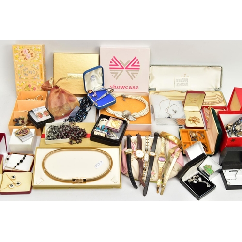 118 - A BOX OF ASSORTED WATCHES AND JEWELLERY,  to include seven ladies wrist watches, names to include Ro... 