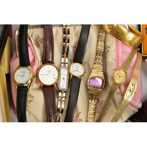 118 - A BOX OF ASSORTED WATCHES AND JEWELLERY,  to include seven ladies wrist watches, names to include Ro... 