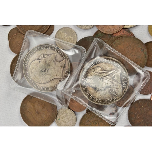 119 - A SMALL BOX OF COINS, to include a Victoria 1895 lix edge crown coin and an Edward VII 1902 crown co... 