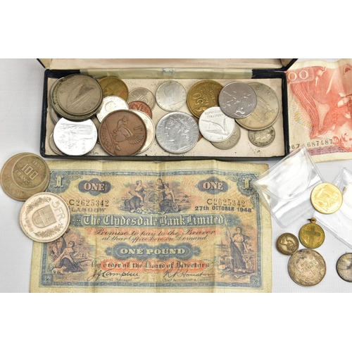 120 - A SWEET TIN CONTAINING COINS AND COMMEMORATIVES, to include a Winston Churchill 18ct gold coin 'This... 