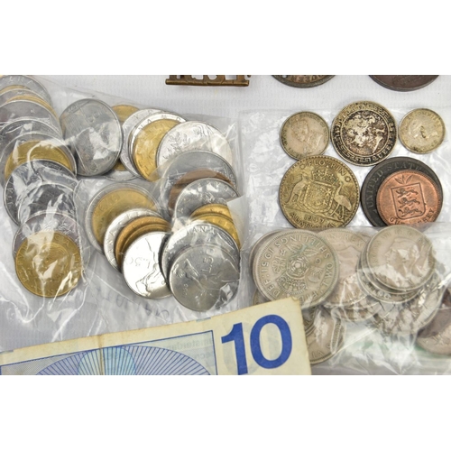 121 - A CARDBOARD TRAY OF UK AND WORLD COINS, to include medallions representing royalty and government wi... 