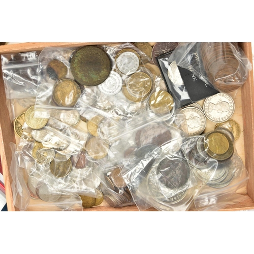 124 - A LARGE CARDBOARD BOX OF MIXED WORLD COINAGE, to include a small parcel of mixed silver coinage 1875... 