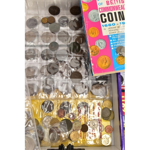 124 - A LARGE CARDBOARD BOX OF MIXED WORLD COINAGE, to include a small parcel of mixed silver coinage 1875... 