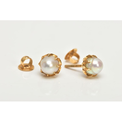 129 - A PAIR OF YELLOW METAL CULTURED PEARL EARRINGS, each ear stud set with a cultured pearl, measuring a... 