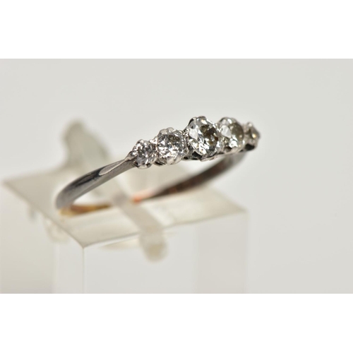 132 - A DIAMOND FIVE STONE RING, set with graduating early brilliant cut diamonds, claw set, to the taperi... 