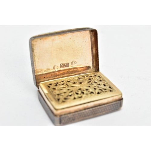 133 - A VICTORIAN SILVER VINEGARETTE BY NATHANIEL MILLS, of rectangular form with engine turned detail, gi... 