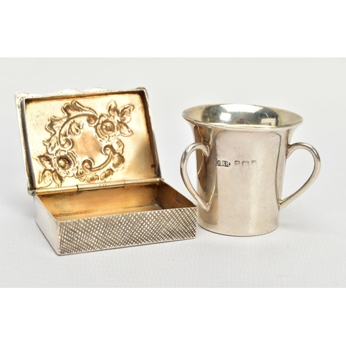 137 - A LATE VICTORIAN SILVER SNUFF BOX AND A LATE VICTORIAN THREE HANDLED CUP, the first of rectangular-s... 