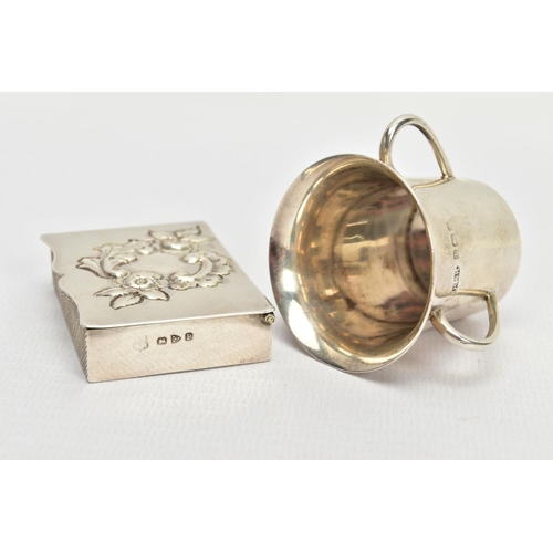 137 - A LATE VICTORIAN SILVER SNUFF BOX AND A LATE VICTORIAN THREE HANDLED CUP, the first of rectangular-s... 