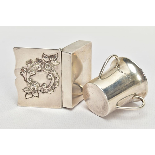 137 - A LATE VICTORIAN SILVER SNUFF BOX AND A LATE VICTORIAN THREE HANDLED CUP, the first of rectangular-s... 