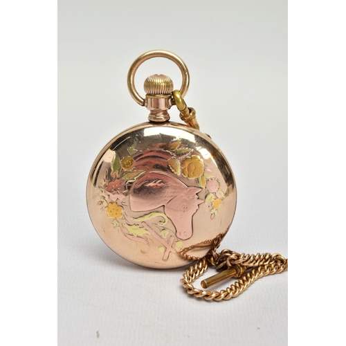 139 - A WALTHAM EARLY 20TH CENTURY GOLD PLATED POCKET WATCH, the white enamel dial with black Arabic numer... 