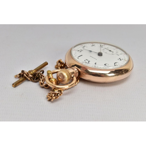 139 - A WALTHAM EARLY 20TH CENTURY GOLD PLATED POCKET WATCH, the white enamel dial with black Arabic numer... 