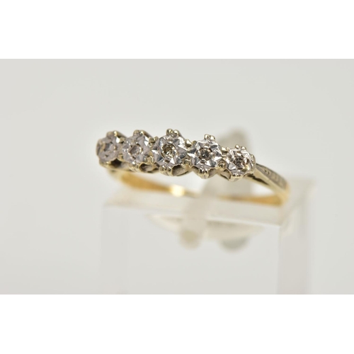 14 - A YELLOW METAL DIAMOND HALF ETERNITY RING, designed with a row of five illusion set single cut diamo... 