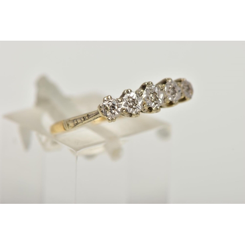 14 - A YELLOW METAL DIAMOND HALF ETERNITY RING, designed with a row of five illusion set single cut diamo... 