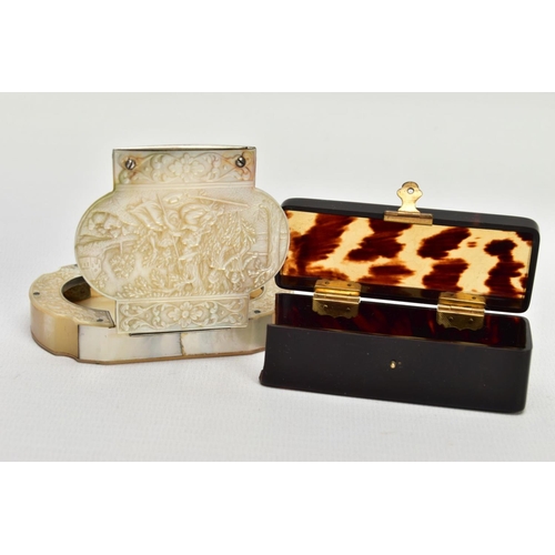 141 - TWO GEORGIAN SNUFF BOXES (both AF), to include a mother of pearl snuff box the lid carved to depict ... 