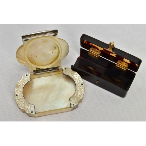 141 - TWO GEORGIAN SNUFF BOXES (both AF), to include a mother of pearl snuff box the lid carved to depict ... 