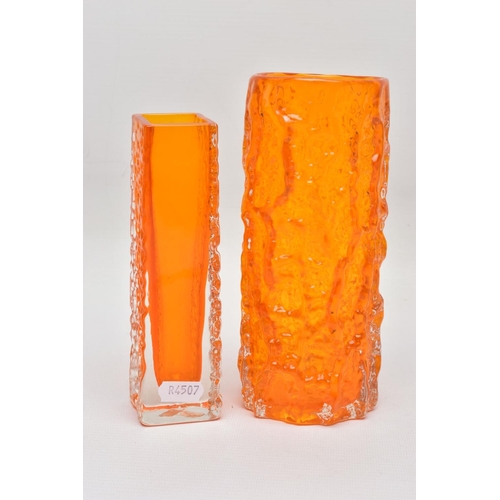 145A - WHITEFRIARS TANGERINE GLASS DESIGNED BY GEOFREY BAXTER, comprising a textured bark vase, pattern 969... 