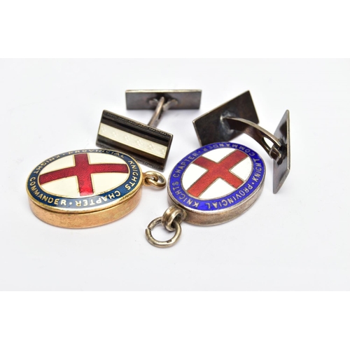 146 - A PAIR OF ENAMELLED CUFFLINKS AND TWO SILVER ENAMELLED MASONIC PENDANTS, the cufflinks with black an... 