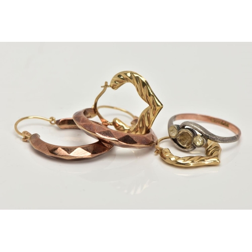 15 - TWO PAIRS OF HOOP EARRINGS AND A RING, to include a pair of faceted hoop earrings, latch fish hook f... 