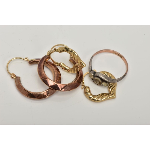 15 - TWO PAIRS OF HOOP EARRINGS AND A RING, to include a pair of faceted hoop earrings, latch fish hook f... 