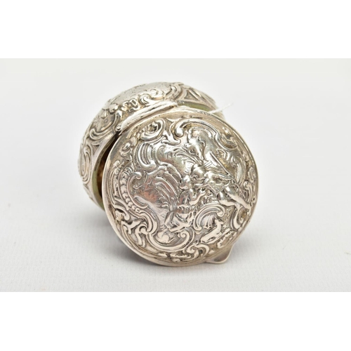 154 - AN EARLY 19TH CENTURY DUTCH SILVER HINGED BOX, depicting a mythical and floral scene, with hinged op... 