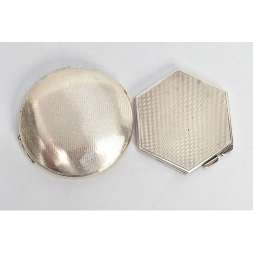 155 - TWO MID 20TH CENTURY SILVER COMPACTS, the first of hexagonal design, hinged fitting, engine turned d... 