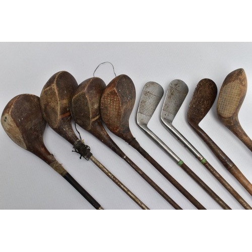 155A - EIGHT VINTAGE GOLF CLUBS, comprising a wooden shaft driver and wedge and steel shaft clubs comprisin... 