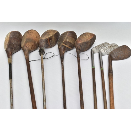 155A - EIGHT VINTAGE GOLF CLUBS, comprising a wooden shaft driver and wedge and steel shaft clubs comprisin... 